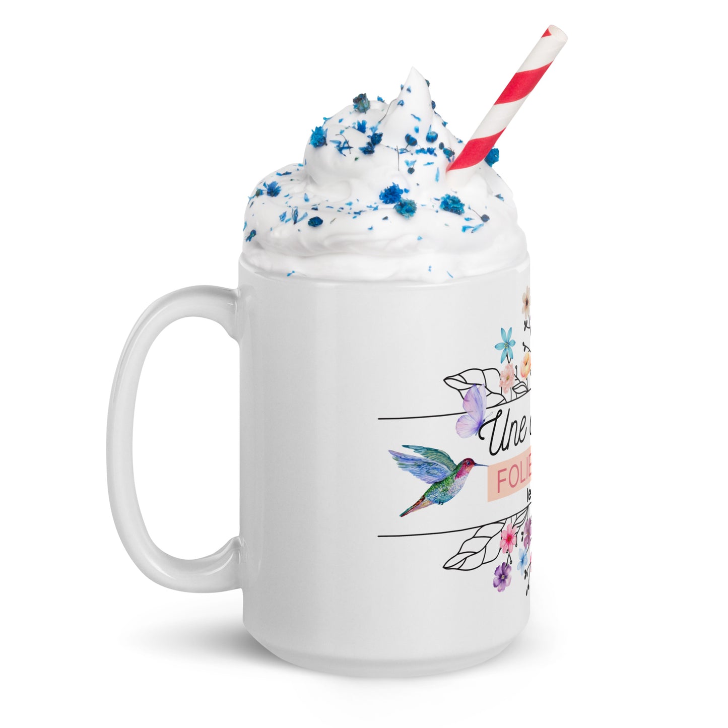 Mug Blanc Brillant "une derniere folie avant le ouii!" par décoration de table